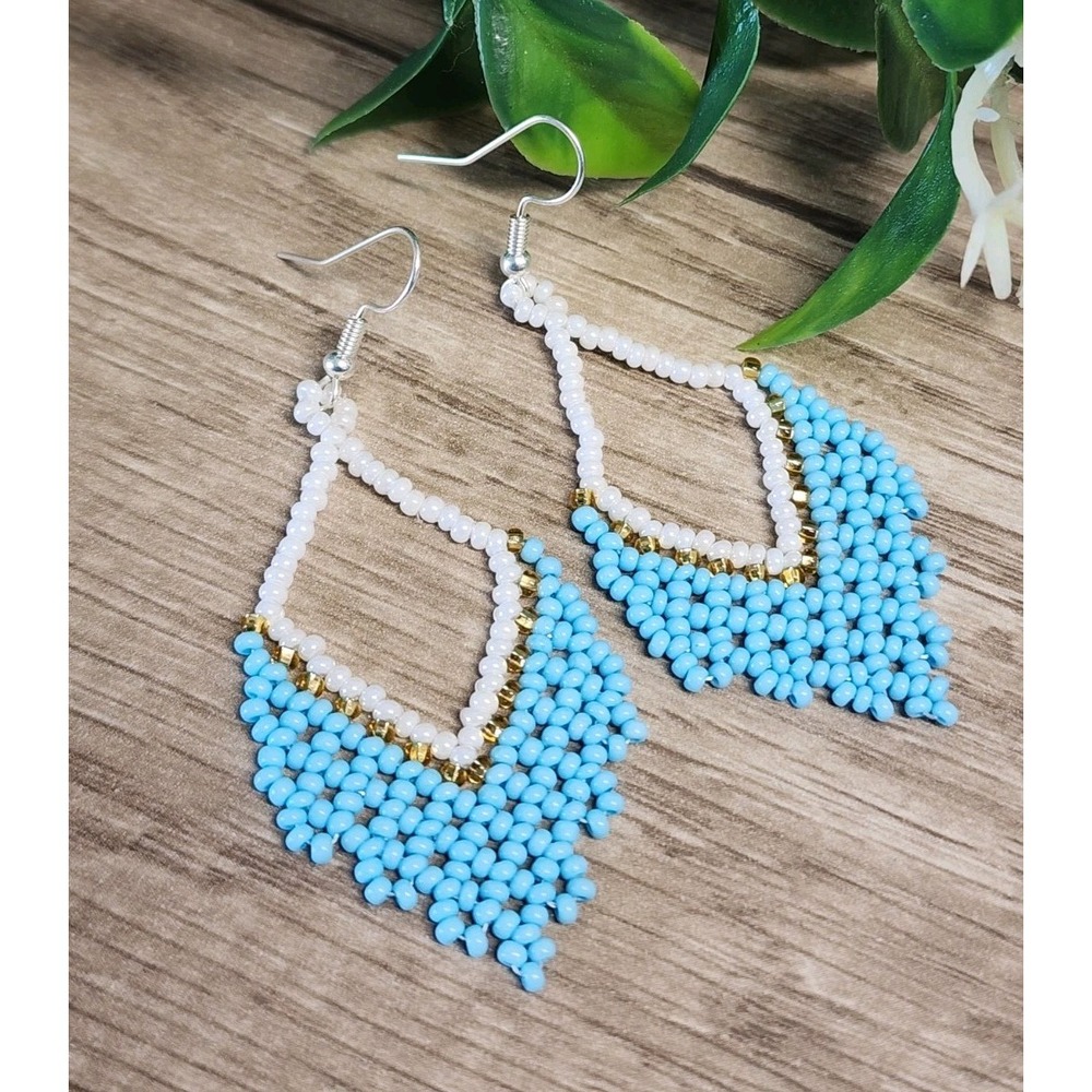 Boho Feather Dangle Earrings Sky Blue Bead Drop Festival Summer Style